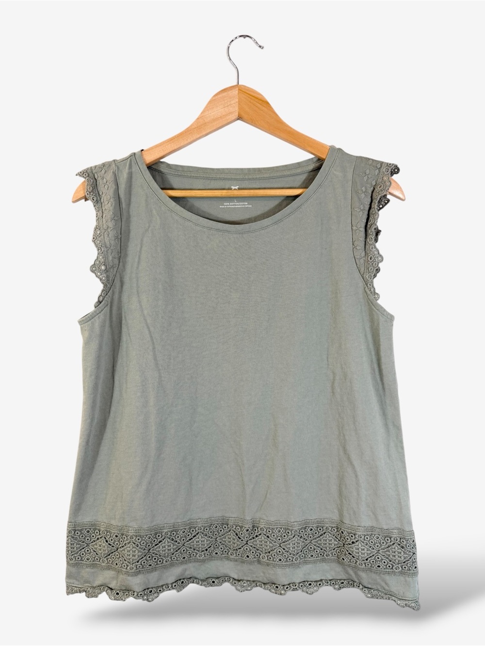 Talbots Green Lace Trim T-Shirt Size L Flutter Sleeve Casual Cotton Everyday
